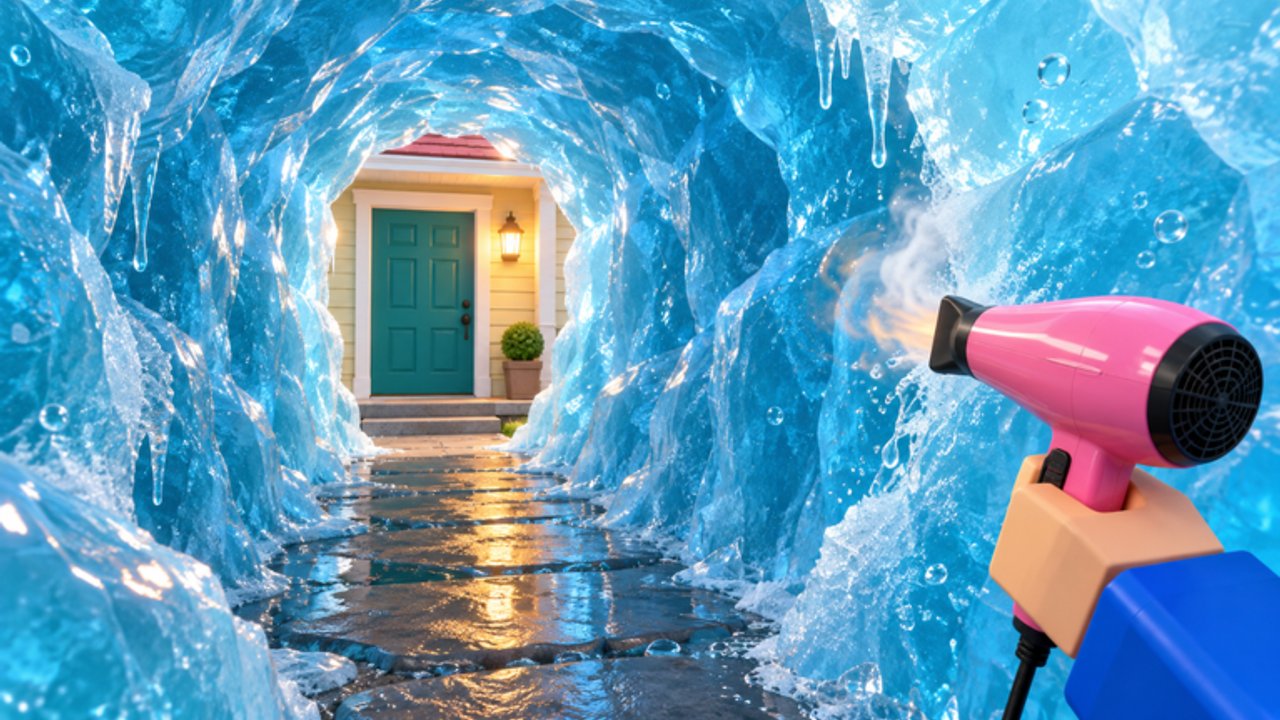 Melt All The Ice Roblox screenshot of a frozen house interior being thawed with heat tools